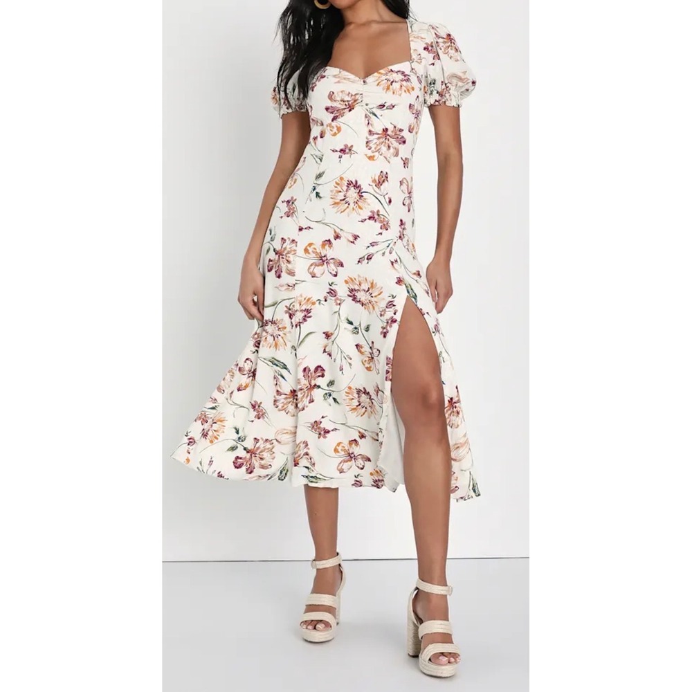 NWT Lulus‎ SZ Large Parisian Picnic Cream Floral Jacquard Puff Sleeve Midi Dress